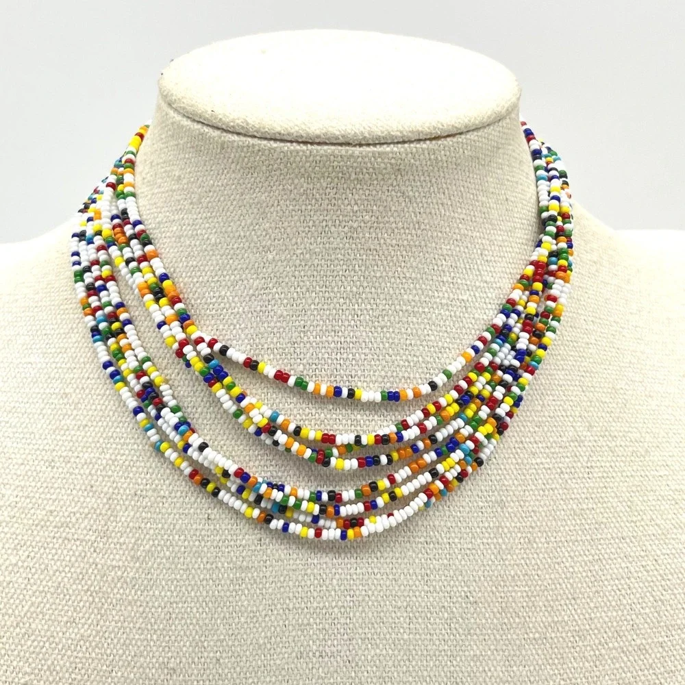 Long Multi Color Seed Bead Necklace Single Strand White Red Blue Yellow 50 Inch